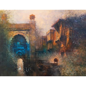 A. Q. Arif, Jharoka Over The Arch, 22 x 28 Inchs, Oil on Canvas, Cityscape Painting, AC-AQ-217